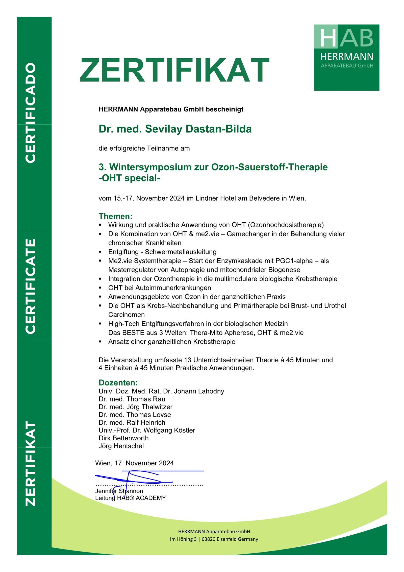 Zertifikat 3. Wintersymposium OHT Special, Wien 2024